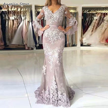 Load image into Gallery viewer, Silver Mermaid Long Mother Of The Bride Dresses Flare Full Sleeve Appliques Lace V-Neck Wedding Guest Party Gowns For Women