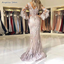 Load image into Gallery viewer, Silver Mermaid Long Mother Of The Bride Dresses Flare Full Sleeve Appliques Lace V-Neck Wedding Guest Party Gowns For Women