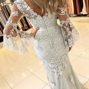 Silver Mermaid Long Mother Of The Bride Dresses Flare Full Sleeve Appliques Lace V-Neck Wedding Guest Party Gowns For Women