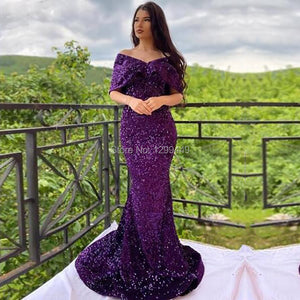 Eightale Sequin Evening Dresses Mermaid Prom Gowns Cap Sleeves Plus Size Mother of the Bride Purple Long Formal Party dresses