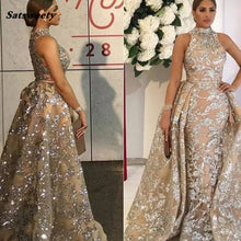 Load image into Gallery viewer, 2022 Saudi Arabic Long Crystal Mermaid Formal High Collar Prom Party Gowns Luxury Sparkle With Train Evening Dresses