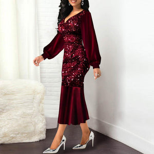 Sexy Formal Bodycon Dress Sequin V Neck Women Shiny Long Sleeve Patchwork Dress for Wedding Slim Elegant Evening Party Vestidos