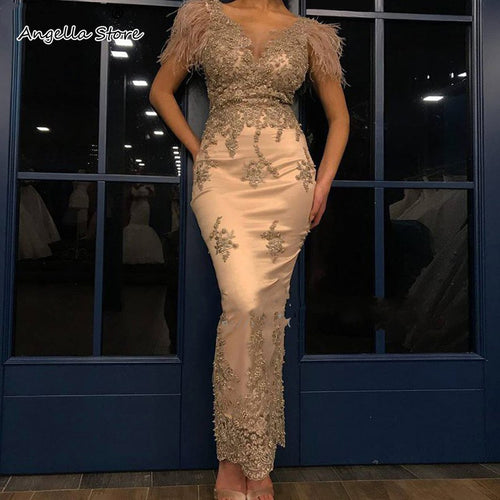 Champagne Feather Sheath Evening Dresses Ankle Length V Neck Applique Lace Beads Formal Occasion Gowns Special Prom Party Dress