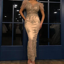 Load image into Gallery viewer, Champagne Feather Sheath Evening Dresses Ankle Length V Neck Applique Lace Beads Formal Occasion Gowns Special Prom Party Dress