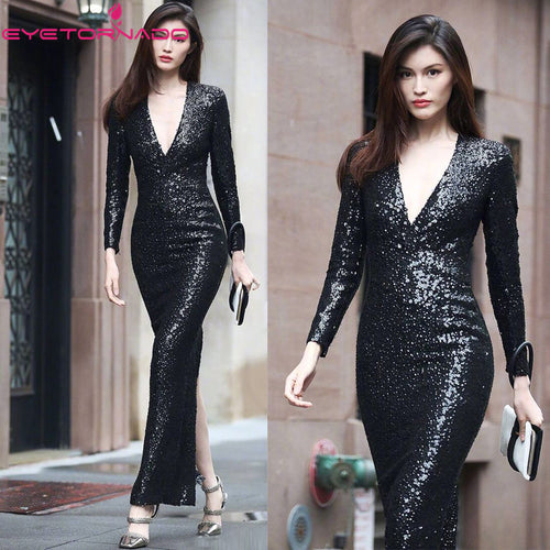 Women Bling Sequined Sexy Bodycon Party Dress V Neck Long Sleeve Formal  Black Fashion Maxi Club Dresses Long Vestido