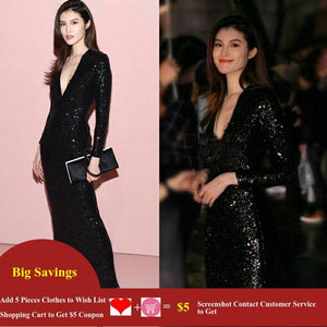 Women Bling Sequined Sexy Bodycon Party Dress V Neck Long Sleeve Formal  Black Fashion Maxi Club Dresses Long Vestido