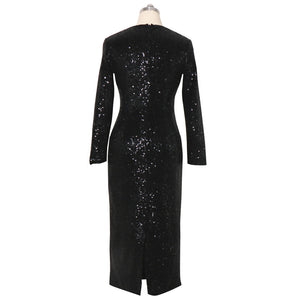 Women Bling Sequined Sexy Bodycon Party Dress V Neck Long Sleeve Formal  Black Fashion Maxi Club Dresses Long Vestido