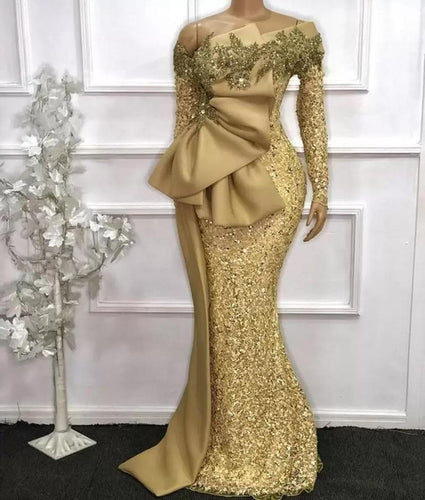 Plus Size African Women Evening Dresses Gold Sequined Glitter Long Sleeves Sparkle Big Bow Satin Peplum Formal Prom Gowns