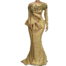 Load image into Gallery viewer, Plus Size African Women Evening Dresses Gold Sequined Glitter Long Sleeves Sparkle Big Bow Satin Peplum Formal Prom Gowns