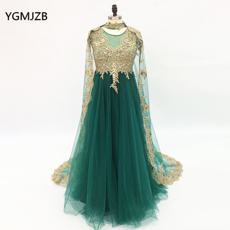 Green Long Evening Dress with Cape 2020 A Line Beaded Gold Embroidery Prom Dress Women Arabic Formal Party Gown Robe de Soiree