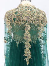 Load image into Gallery viewer, Green Long Evening Dress with Cape 2020 A Line Beaded Gold Embroidery Prom Dress Women Arabic Formal Party Gown Robe de Soiree