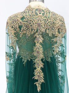 Green Long Evening Dress with Cape 2020 A Line Beaded Gold Embroidery Prom Dress Women Arabic Formal Party Gown Robe de Soiree