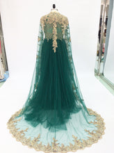 Load image into Gallery viewer, Green Long Evening Dress with Cape 2020 A Line Beaded Gold Embroidery Prom Dress Women Arabic Formal Party Gown Robe de Soiree