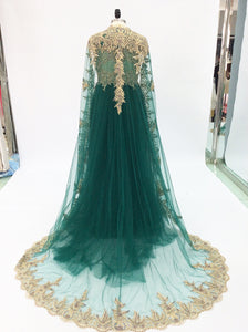 Green Long Evening Dress with Cape 2020 A Line Beaded Gold Embroidery Prom Dress Women Arabic Formal Party Gown Robe de Soiree