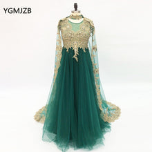 Load image into Gallery viewer, Green Long Evening Dress with Cape 2020 A Line Beaded Gold Embroidery Prom Dress Women Arabic Formal Party Gown Robe de Soiree