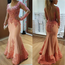 Load image into Gallery viewer, Long Sleeve Pink Mother Of The Bride Dresses Beaded Lace Appliqued Guest Dress Satin Formal Evening Gowns