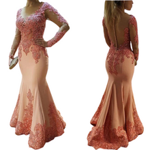 Load image into Gallery viewer, Long Sleeve Pink Mother Of The Bride Dresses Beaded Lace Appliqued Guest Dress Satin Formal Evening Gowns