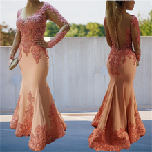 Load image into Gallery viewer, Long Sleeve Pink Mother Of The Bride Dresses Beaded Lace Appliqued Guest Dress Satin Formal Evening Gowns