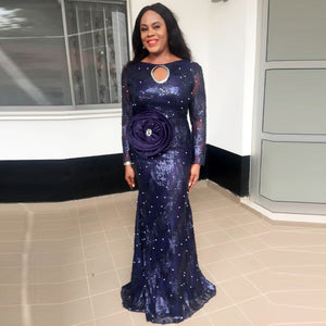 Navy Blue African Women Evening Dresses Long Sleeves Flowers Sequined  Aso Ebi Dress Mermaid  Mother Of The Bride Gowns