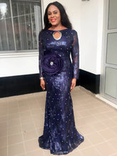 Load image into Gallery viewer, Navy Blue African Women Evening Dresses Long Sleeves Flowers Sequined  Aso Ebi Dress Mermaid  Mother Of The Bride Gowns