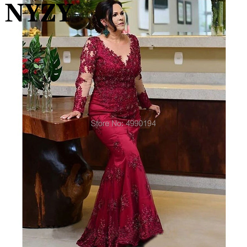 Pearls Beaded Lace Long Sleeves Mermaid Burgundy Mother of the Bride Groom Dresses NYZY M230 Formal Dress Robe Soiree 2019