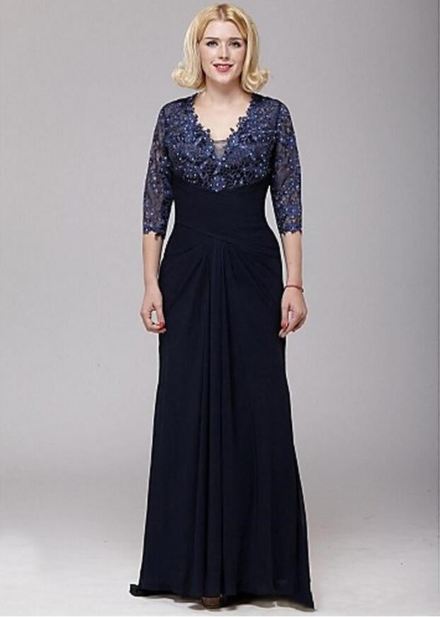 Elegant Navy Blue Mother Of The Bride Dresses Floor Length 3/4 Long Sleeve V Neck Lace Chiffon Wedding Guest Gowns Evening Party