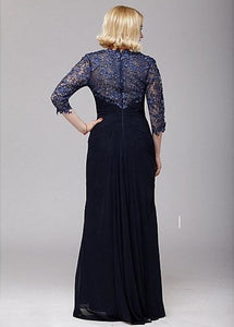 Elegant Navy Blue Mother Of The Bride Dresses Floor Length 3/4 Long Sleeve V Neck Lace Chiffon Wedding Guest Gowns Evening Party