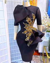 Load image into Gallery viewer, Little Black Dress Knee-length Mother Of the Bride Dresses robe de soirée femme Gold Lace Appliques Sheer Neck Mother Gown