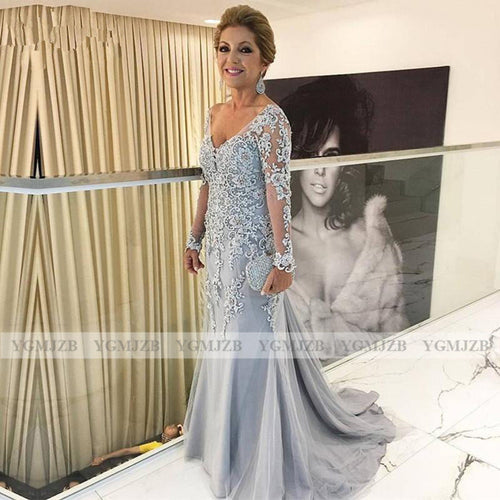 Appliques Lace Mother of The Bride Dresses Mermaid V Neck Long Sleeve Mother Dress For Wedding Party Mom Dress 2020 New Arrival