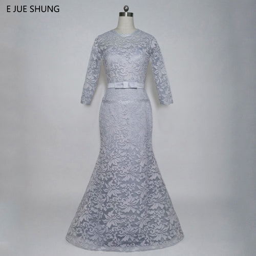 E JUE SHUNG Light Grey Lace Mermaid Evening Dresses Long Mother of the Bride Dresses Formal Dresses abendkleider