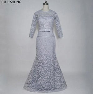 E JUE SHUNG Light Grey Lace Mermaid Evening Dresses Long Mother of the Bride Dresses Formal Dresses abendkleider