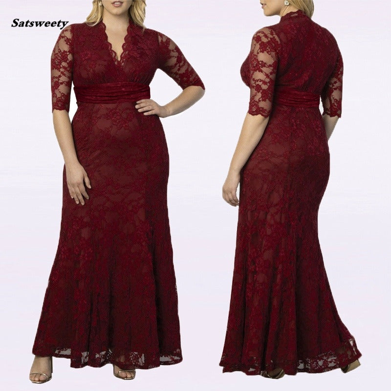 Burgundy Mother Of The Bride Dresses Plus Size Elegant A Line V Neck Half Sleeve Lace Wedding Party Gowns Robe De Soiree