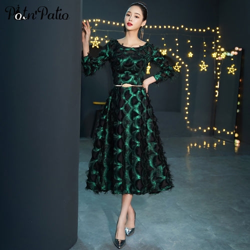 Elegant Long Sleeve Evening Dresses O-neck A-line Tea-Length Lace Green Formal Gown Mother Of The Bride Dresses