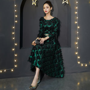 Elegant Long Sleeve Evening Dresses O-neck A-line Tea-Length Lace Green Formal Gown Mother Of The Bride Dresses