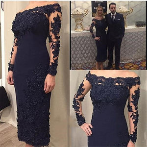 Dark Navy Blue Mother of the Bride Dresses Long Sleeve Tea Length Sheath 3D Appliques Lace Wedding Party Banquet Evening Gowns