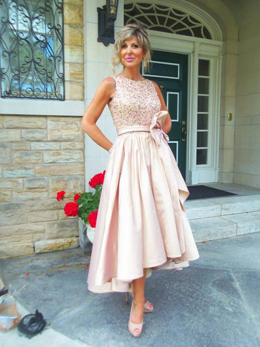 New A Line Formal Prom Party Gown Mother Of the Bride Dress Scoop Sleeveless Satin Custom Crystal Beaded Tea-Length