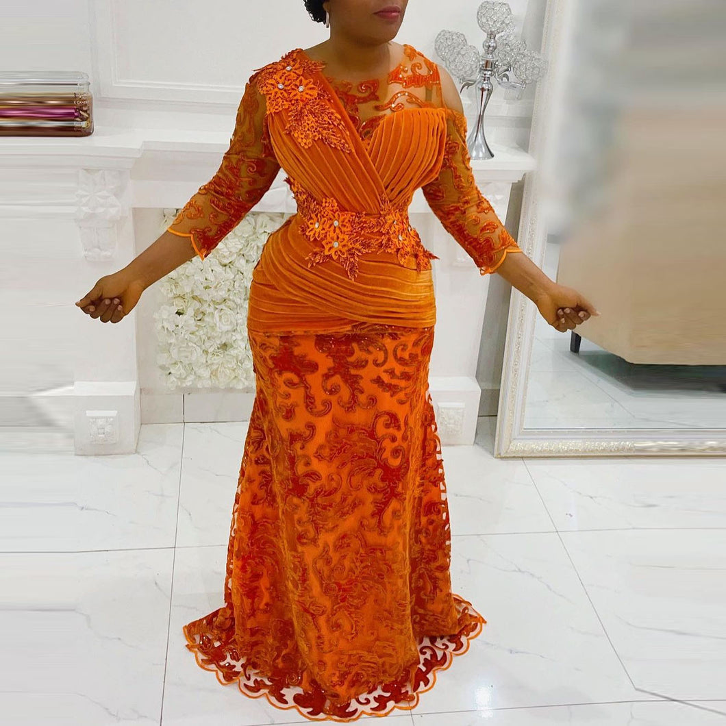 Orange 3/4 Long Sleeves Evening Dresses With Lace Appliques Sheer Neckline Mermaid Prom Dress Aso Ebi Mother of The Bride Gowns