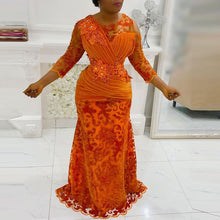 Load image into Gallery viewer, Orange 3/4 Long Sleeves Evening Dresses With Lace Appliques Sheer Neckline Mermaid Prom Dress Aso Ebi Mother of The Bride Gowns