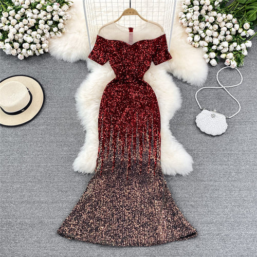 High-End Evening Dresses For Women 2022 Luxury Designer Banquet Host Gradient Sequin Fishtail Dress Short Sleeves Vestidos H206