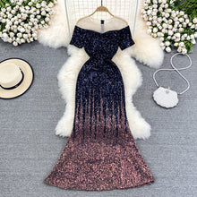 Load image into Gallery viewer, High-End Evening Dresses For Women 2022 Luxury Designer Banquet Host Gradient Sequin Fishtail Dress Short Sleeves Vestidos H206