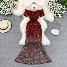 Load image into Gallery viewer, High-End Evening Dresses For Women 2022 Luxury Designer Banquet Host Gradient Sequin Fishtail Dress Short Sleeves Vestidos H206