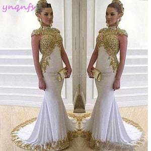 Mermaid White and Gold Vestido de Festa Longo Prom Gown Women Evening Formal Dress Mother Party Dresses ED240