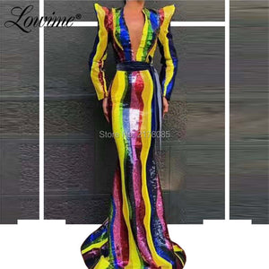 Deep V Neck African Long Sleeves Evening Dresses Arabic Dubai Party Gowns Sequin Prom Dress Vestido De Festa Moroccan Kaftans