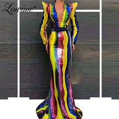 Deep V Neck African Long Sleeves Evening Dresses Arabic Dubai Party Gowns Sequin Prom Dress Vestido De Festa Moroccan Kaftans