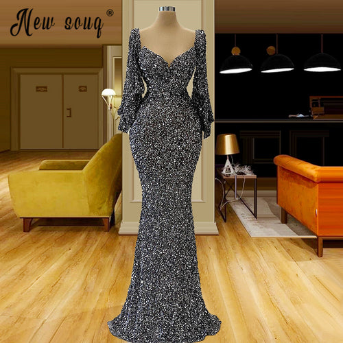 Dubai Silver Sequins Long  Evening Dress Women Mermaid vestido de festa For Celebrity Party вечернее платье Middle East Gowns