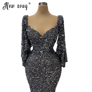 Dubai Silver Sequins Long  Evening Dress Women Mermaid vestido de festa For Celebrity Party вечернее платье Middle East Gowns