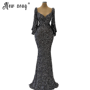 Dubai Silver Sequins Long  Evening Dress Women Mermaid vestido de festa For Celebrity Party вечернее платье Middle East Gowns