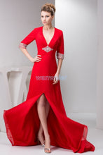 Load image into Gallery viewer, free shipping 2022 new plus size floor length small train formal beading long sleeve v-neck chffon red Mother of the Bride Dress