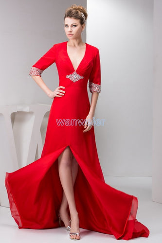 free shipping 2022 new plus size floor length small train formal beading long sleeve v-neck chffon red Mother of the Bride Dress