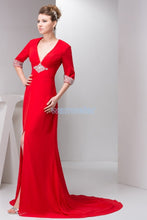 Load image into Gallery viewer, free shipping 2022 new plus size floor length small train formal beading long sleeve v-neck chffon red Mother of the Bride Dress